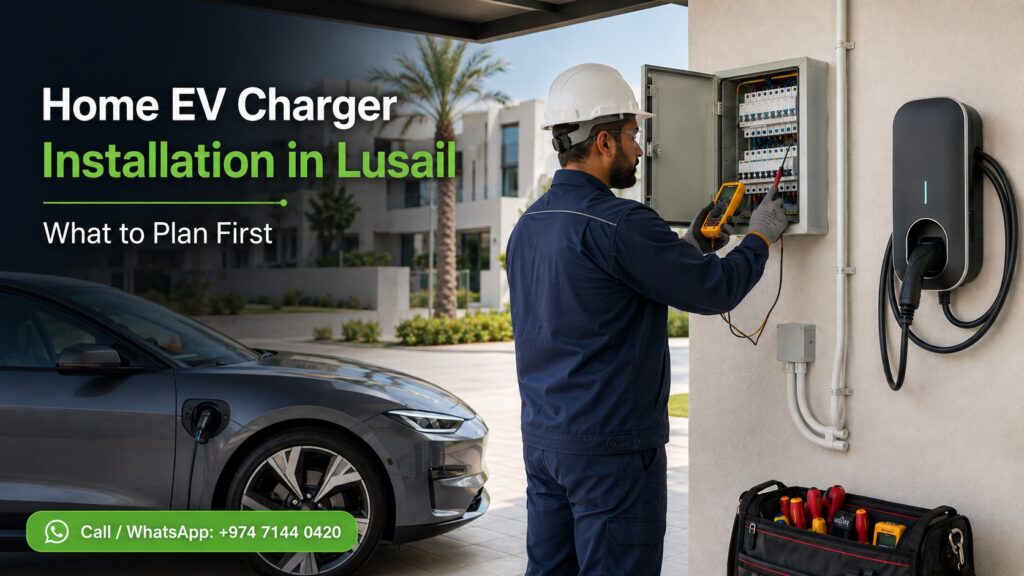 Technician planning a home EV charger installation in Lusail