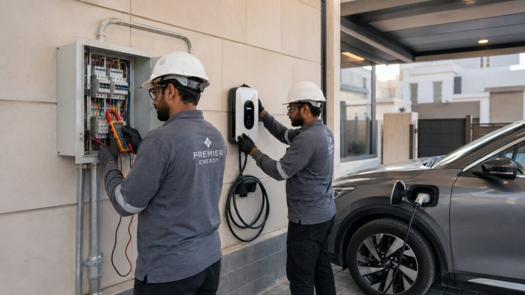 Technician comparing 7 kW 11 kW and 22 kW home EV charger installation in Al Waab Doha